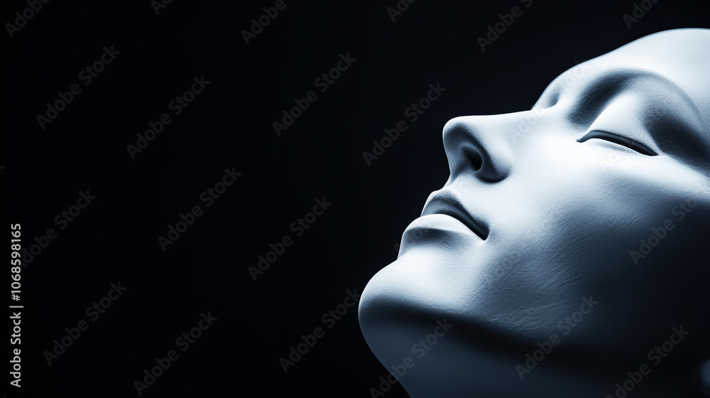 A face with a serene expression is shown in a black background A face with a serene expression is shown in a black background
