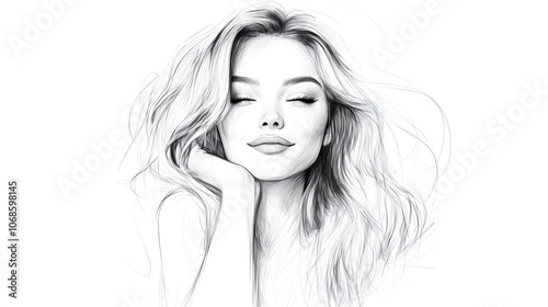 Elegant Pencil Sketch of Serene Woman with Closed Eyes and Flowing Hair, Vintage Style_2