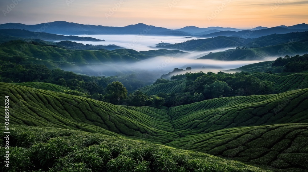 Fototapeta premium Expansive green tea plantation landscape with mist covering rolling hills at sunrise, creating a tranquil and serene natural scene.