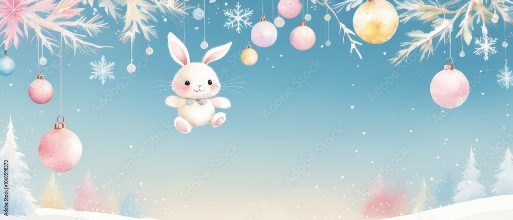Winter Holiday Scene with Christmas Tree and Ornaments in a Frosty Wonderland Background