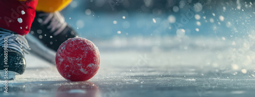 Bandy player preparing to hit red ball on icy surface