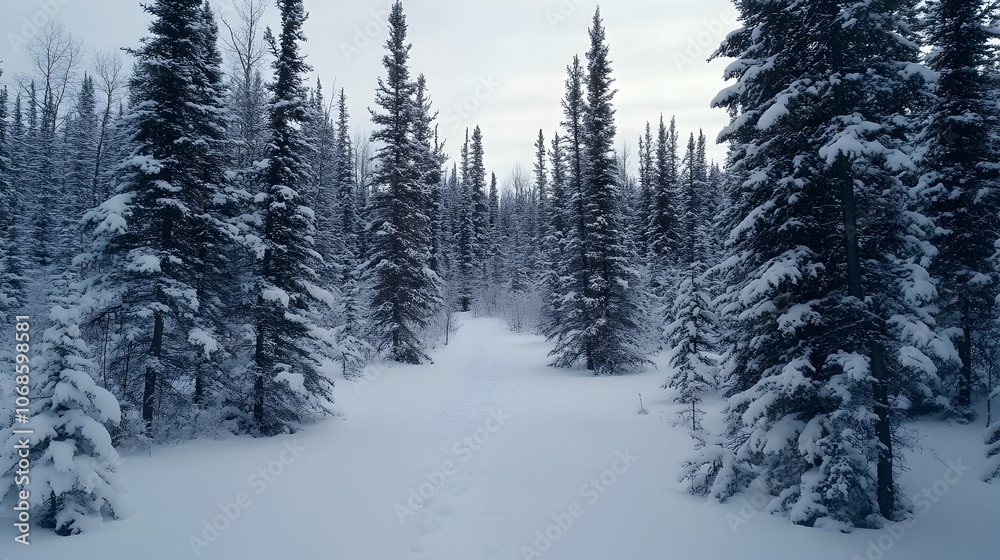 A snowy path winds through a dense evergreen forest. A snowy path winds through a dense evergreen forest.
