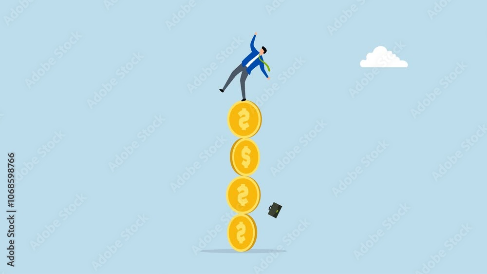 Financial instability, 4k animation of Businessman investor plummeting from pile of unstable stacks of money coins. Financial instability, 4k animation of Businessman investor plummeting from pile of unstable stacks of money coins.