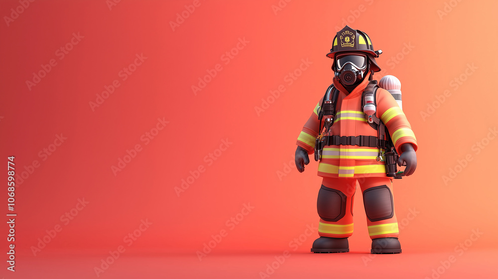 cartoon firefighter in full protective gear with a gas mask and oxygen tank, standing ready for action. Bold and heroic character illustration on a red background. cartoon firefighter in full protective gear with a gas mask and oxygen tank, standing ready for action. Bold and heroic character illustration on a red background.