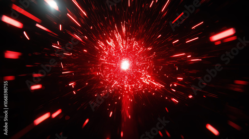 A red explosion in space with a bright light in the center