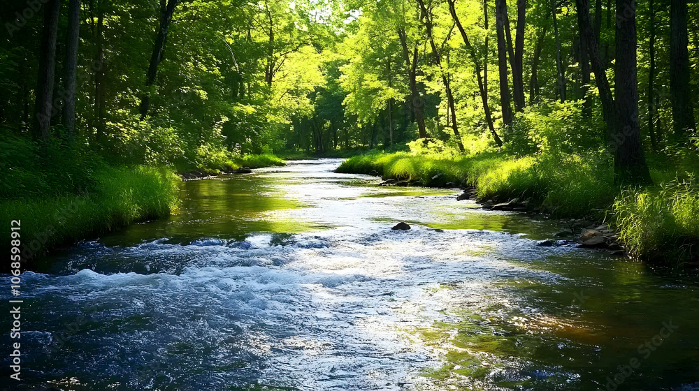 Obraz premium A tranquil forest stream flows through a lush, green canopy.