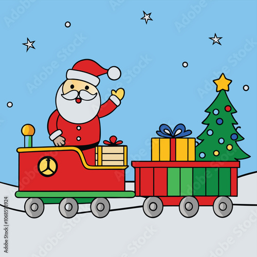 Cheerful Santa Claus on train with gifts and tree under starry sky, festive illustration photo