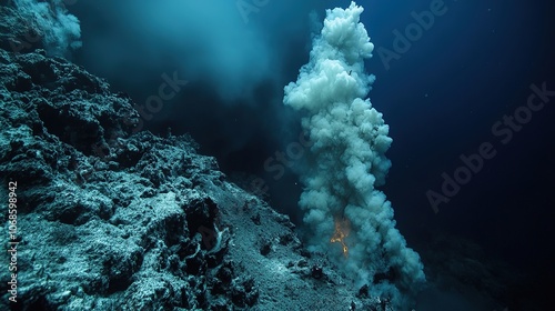 Deep sea hydrothermal vent emitting thick smoke underwater. photo