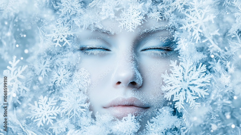 serene, icy portrait of a woman's face covered in delicate snowflakes, evoking a wintery, frosty atmosphere of calm and stillness. serene, icy portrait of a woman's face covered in delicate snowflakes, evoking a wintery, frosty atmosphere of calm and stillness.