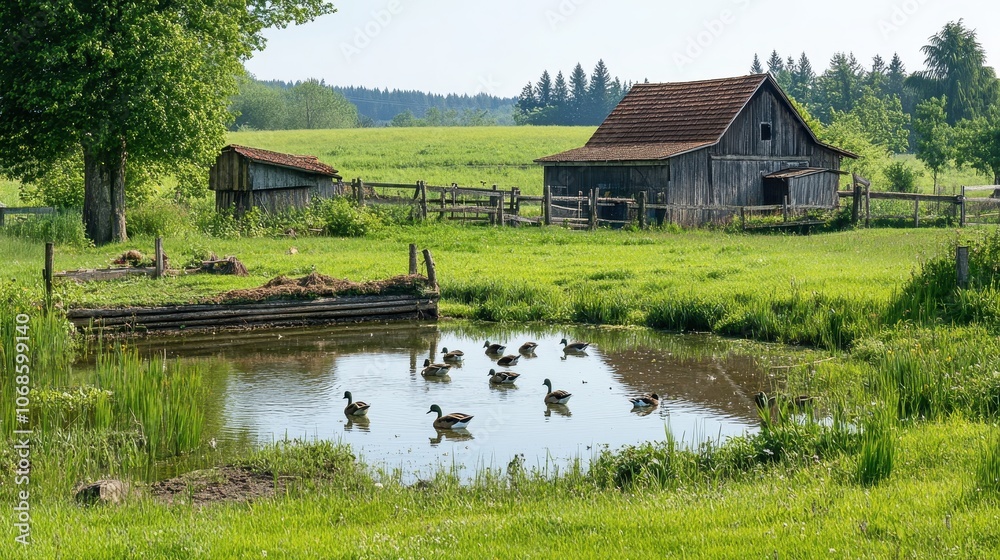A duck farm in a green field with several ducks swimming in a small pond, no people in sight. A duck farm in a green field with several ducks swimming in a small pond, no people in sight.