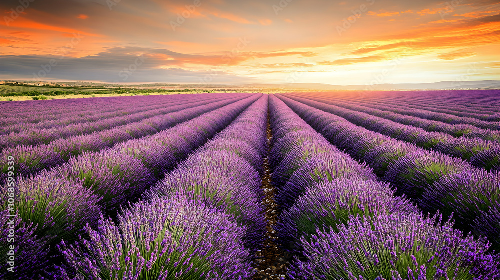 A vast lavender field with rows of purple flowers stretching out towards a stunning sunset. A vast lavender field with rows of purple flowers stretching out towards a stunning sunset.
