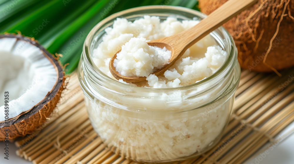 A jar of fresh coconut butter with a wooden spoon on a natural bamboo mat, surrounded by coconut pieces and green leaves, creating a tropical, organic atmosphere. A jar of fresh coconut butter with a wooden spoon on a natural bamboo mat, surrounded by coconut pieces and green leaves, creating a tropical, organic atmosphere.