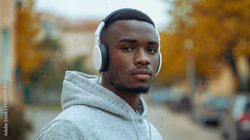 young man with short black hair wears white headphones and a grey hoodie He stares intensely at the camera with a slight frown