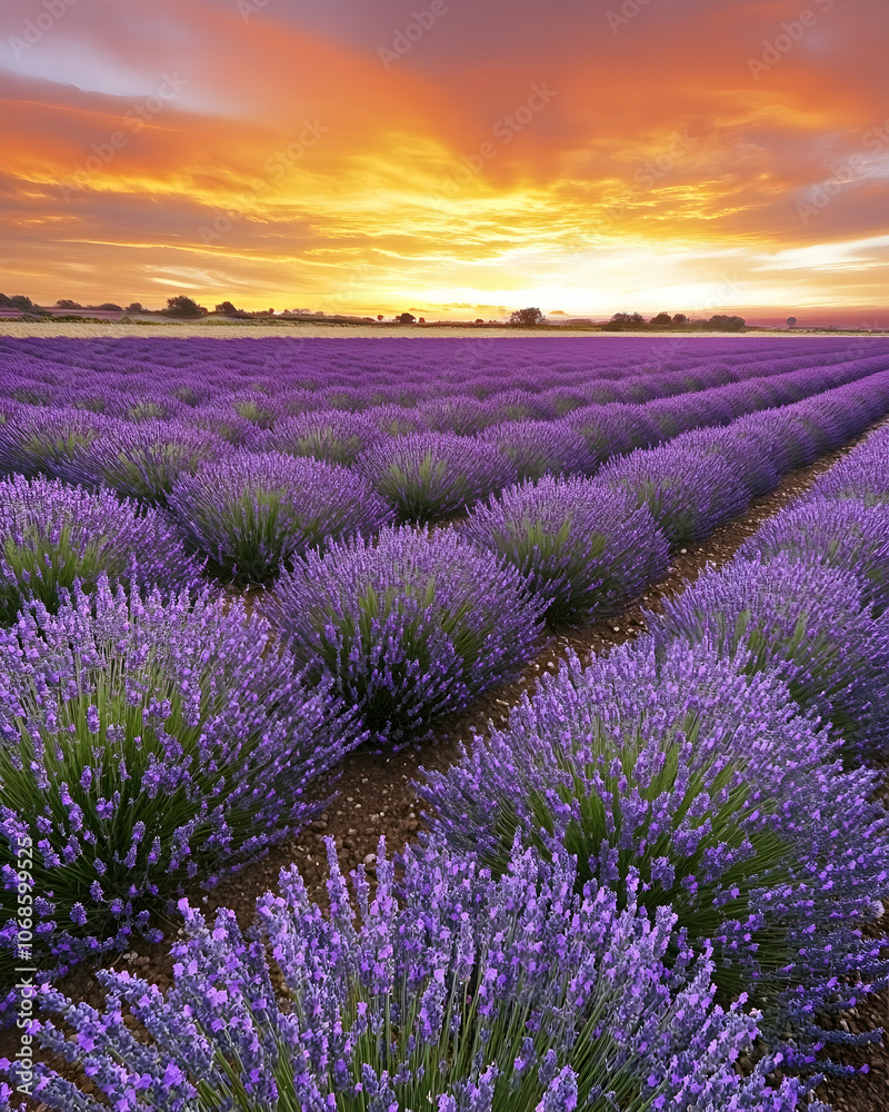 A vibrant sunrise over a field of purple lavender, with the sky ablaze in fiery hues. A vibrant sunrise over a field of purple lavender, with the sky ablaze in fiery hues.