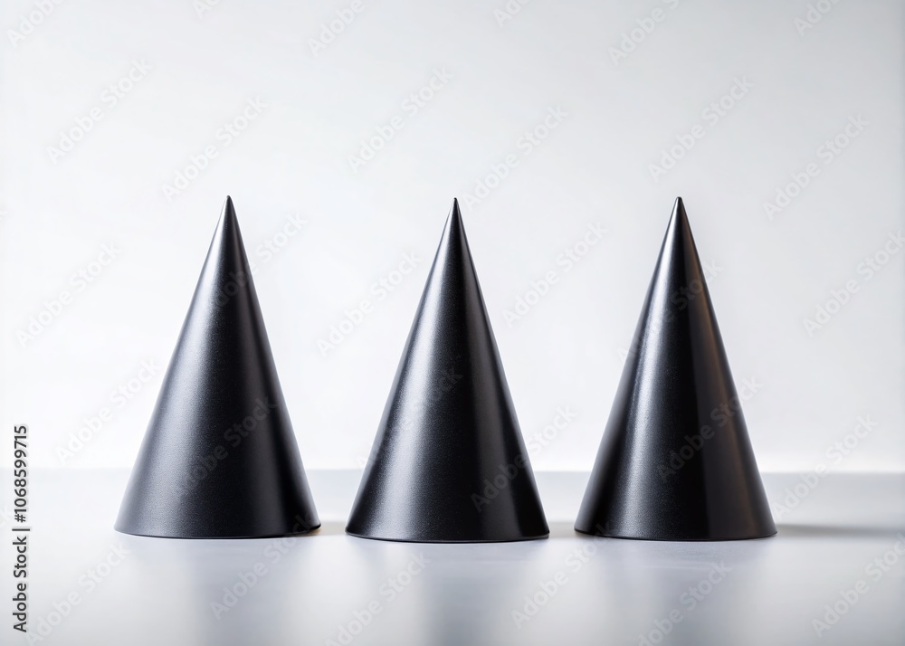Panoramic View of Three Black Cones in a Row for Minimalist Design and Art Projects Panoramic View of Three Black Cones in a Row for Minimalist Design and Art Projects