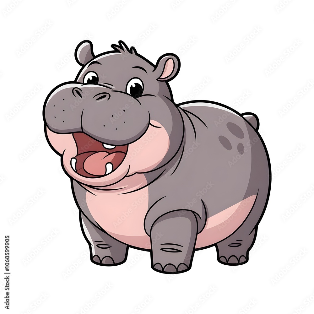 Adorable, chubby baby hippo smiling with a rounded body and wide Adorable, chubby baby hippo smiling with a rounded body and wide