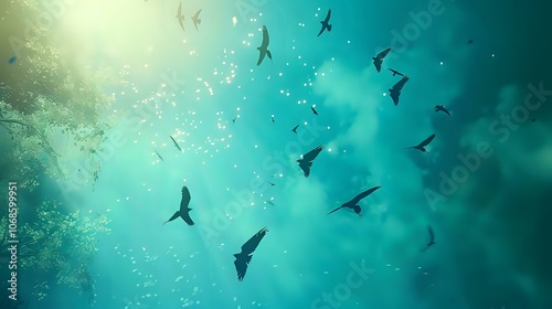 Silhouettes of Birds Flying in a Teal Sky