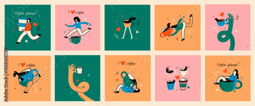 People enjoying coffee. Woman holding takeaway mugs, paper cups. Characters drinking hot morning beverages, americano, cappuccino to go, in trendy retro style.