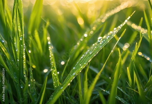 close vibrant green grass glimmering dew droplets capturing beauty details textures, blade, closeup, dewdrop, landscape, plant, organic, sunlight, leaf