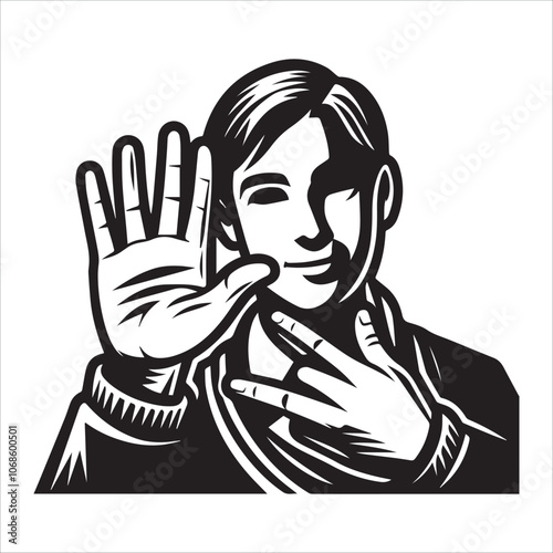 Young person making the sign for the number "3" in sign language. Black and white illustration of a young people signing the number three.