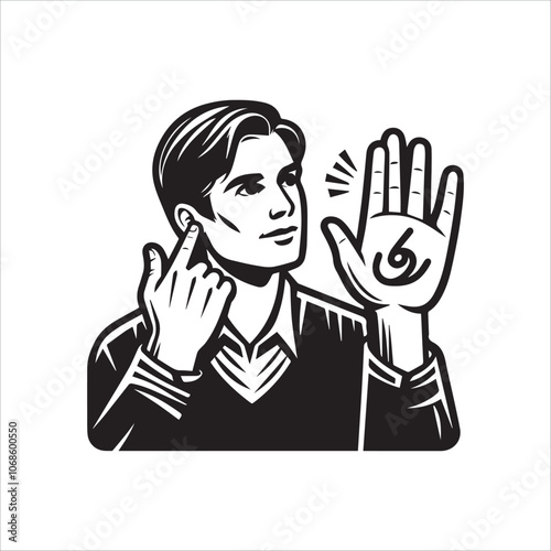 Young person making the sign for the number "3" in sign language. Black and white illustration of a young people signing the number three.