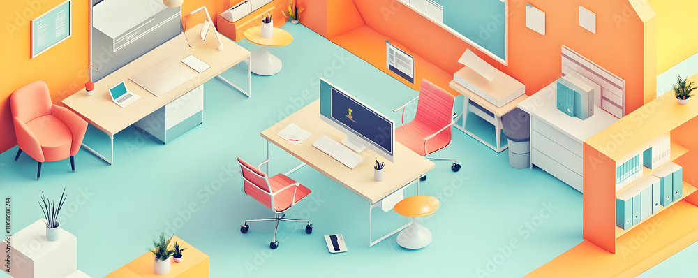 Obraz premium 3D Illustration Office Workspace Desk Computer Chair Design Interior Modern