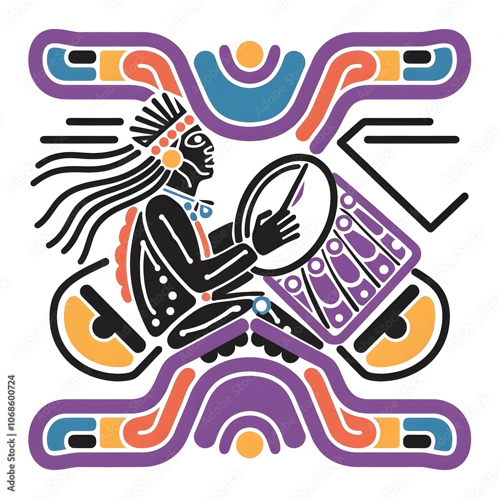 Fototapeta premium logo with a symmetrical design of an indigenous drummer playing a Bush Drum. abstract art colorful