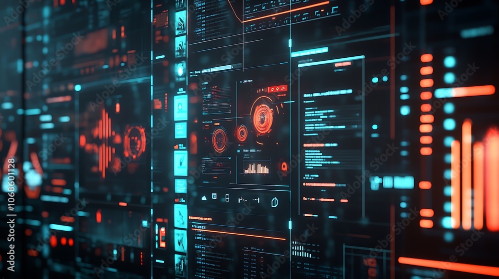 Obraz premium Futuristic Interface with Red and Blue Digital Displays