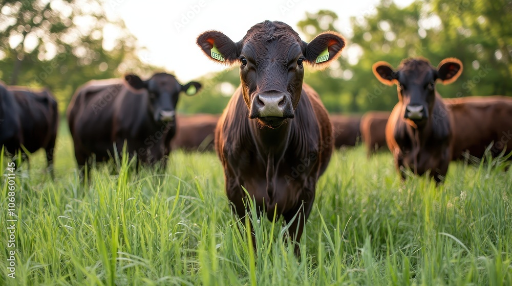 Cows standing amidst lush green grass on a livestock farm at sunset. Cows standing amidst lush green grass on a livestock farm at sunset.