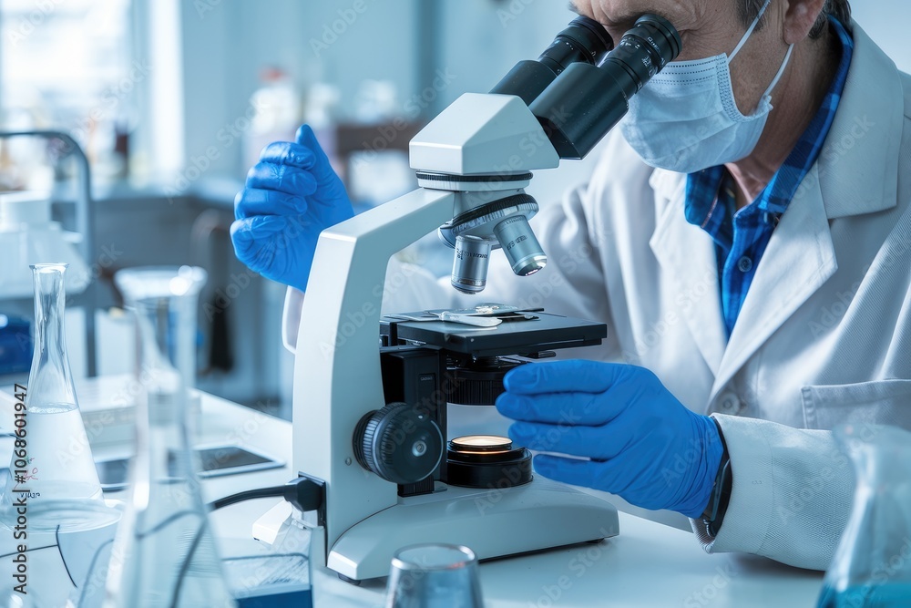 Scientist using microscope examining sample in laboratory researching virus cure Scientist using microscope examining sample in laboratory researching virus cure