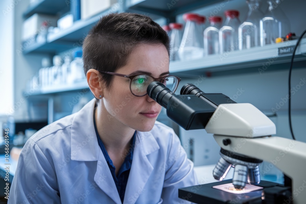 Female scientist working with a microscope in a modern laboratory: scientific research is progressing Female scientist working with a microscope in a modern laboratory: scientific research is progressing