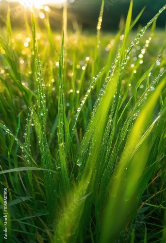 close view lush green grass illuminated natural light serene outdoor setting, arbor, botanical, beauty, blue, sky, blooming, daylight, dew, ecological