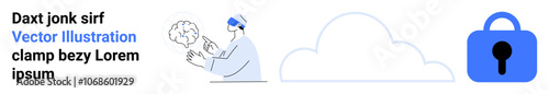 Person in blue examining brain, large cloud shape, and blue padlock icon. Ideal for cybersecurity, data protection, cloud computing, mental health, online privacy, secure access, technical content