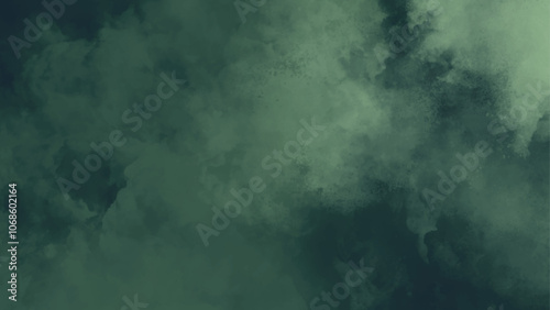 Green gradient watercolor background with clouds texture. Dark green watercolor smoke painting background. 