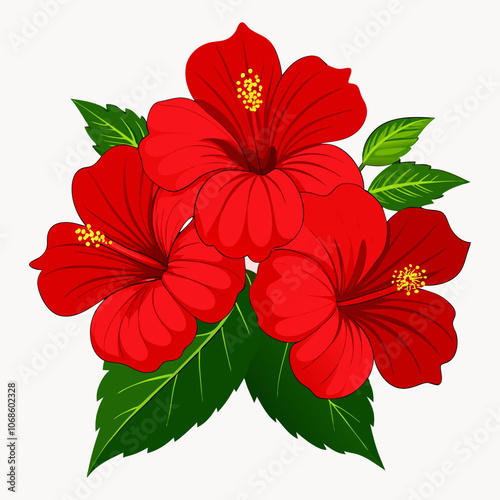 Vector illustration of a beautiful Hawaiian tropical flower set featuring colorful red hibiscus and green leaves, with realistic outlines and icons of pink, creamy, red, and yellow hibiscus flowers.