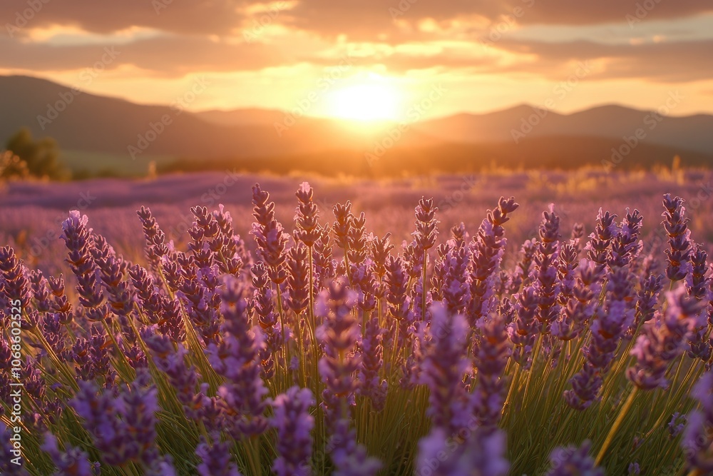 Obraz premium Sunset illuminating lavender field in provence, france