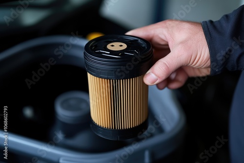 Mechanic holding new car air filter for replacement