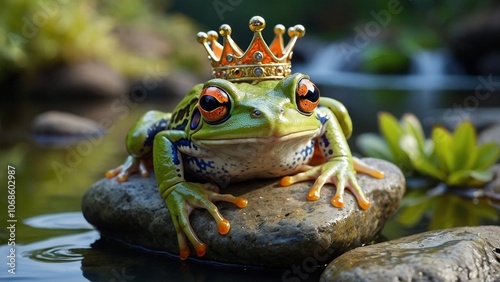 A cute green and orange frog with a golden crown sits on a rock surrounded by water and greenery. Fantasy frog prince, Tsarevna Lyagushka magic fairy tale illustration. photo