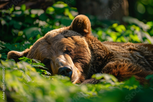Wallpaper Mural Close up of large Grizzly bear sleeping on forest ground Torontodigital.ca