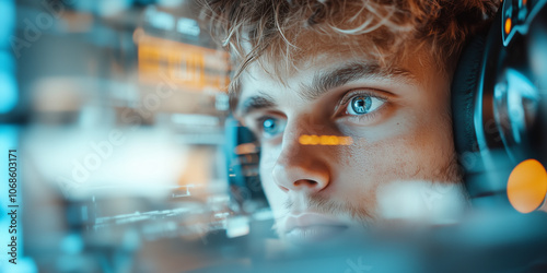 young man immersed in digital technology, exploring programming, cybersecurity, and virtual innovation in a modern workspace with blue and orange highlights photo