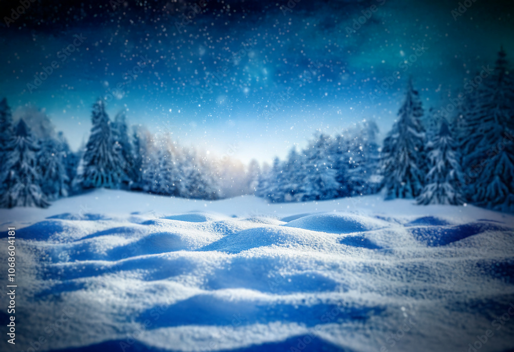 A snowy, tranquil forest landscape under a night sky filled with stars. A snowy, tranquil forest landscape under a night sky filled with stars.