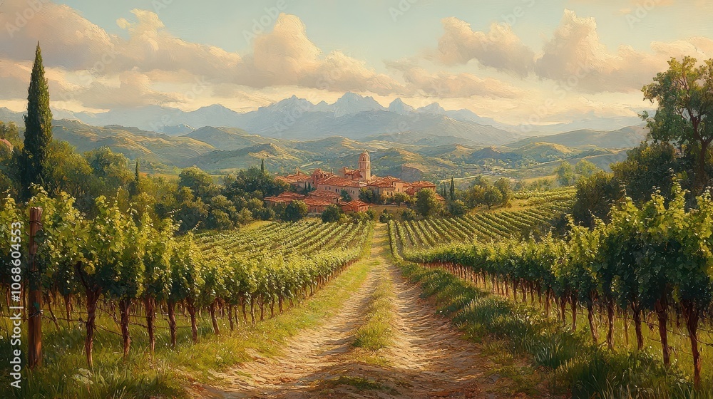 Naklejka premium idyllic mediterranean vineyard scene, painted in soft pastels, showcasing rolling hills of grapevines under a gentle sky, radiating rustic charm and a tranquil countryside vibe