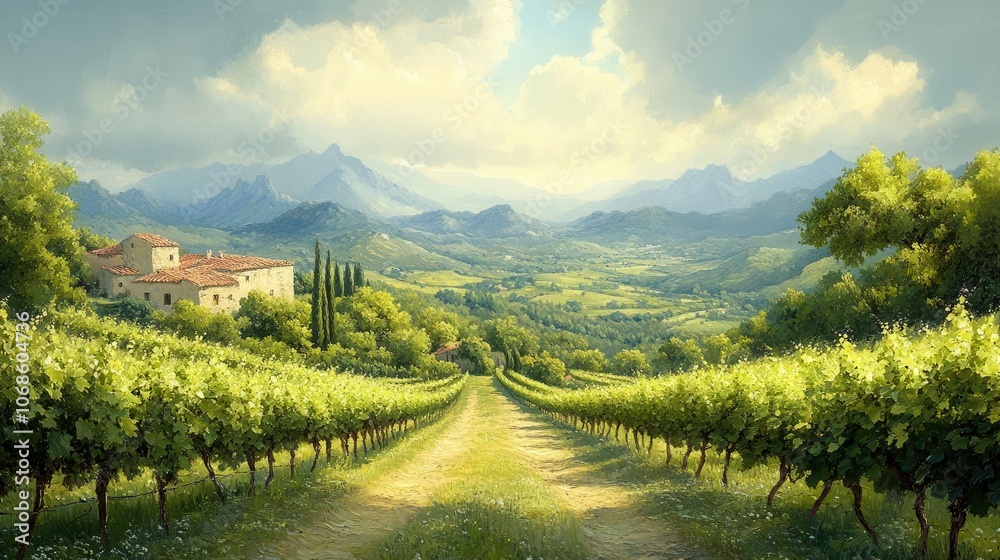 Naklejka premium idyllic mediterranean vineyard scene, painted in soft pastels, showcasing rolling hills of grapevines under a gentle sky, radiating rustic charm and a tranquil countryside vibe