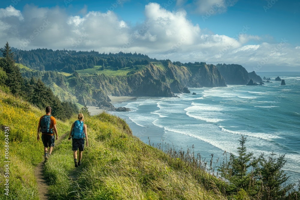 Fototapeta premium Hikers walking on scenic trail overlooking oregon coast on sunny day