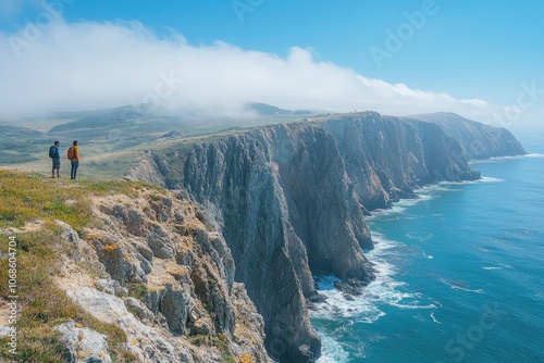 Two hikers enjoying the scenic view of rugged cliffs meeting the vast ocean on santa rosa island photo