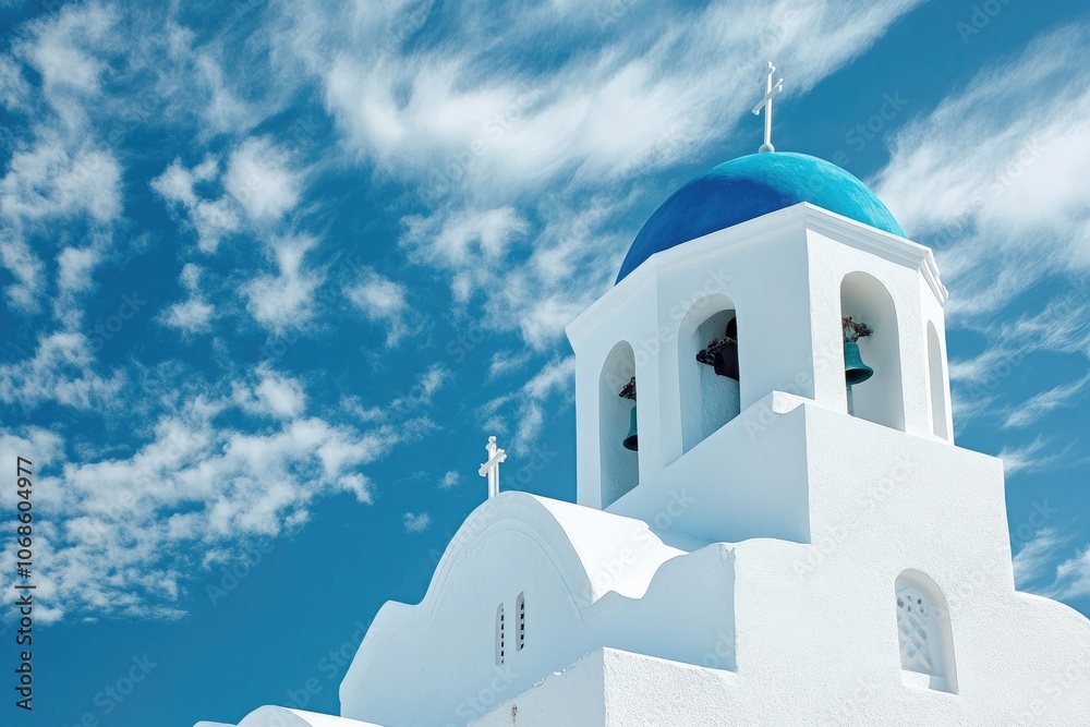 Traditional white church with blue domes overlooking santorini, greece, under a cloudy sky Traditional white church with blue domes overlooking santorini, greece, under a cloudy sky