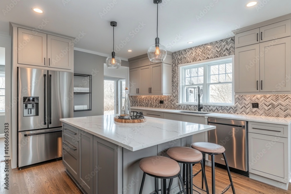 Fototapeta premium Modern Kitchen with Stainless Steel Appliances and White Cabinets