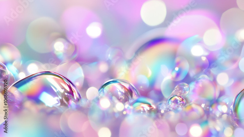 Colorful holographic bubbles create dreamy, iridescent texture with soft pastel hues, evoking sense of wonder and whimsy