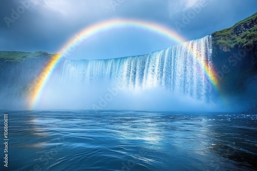 Majestic waterfall with rainbow arching over blue water photo