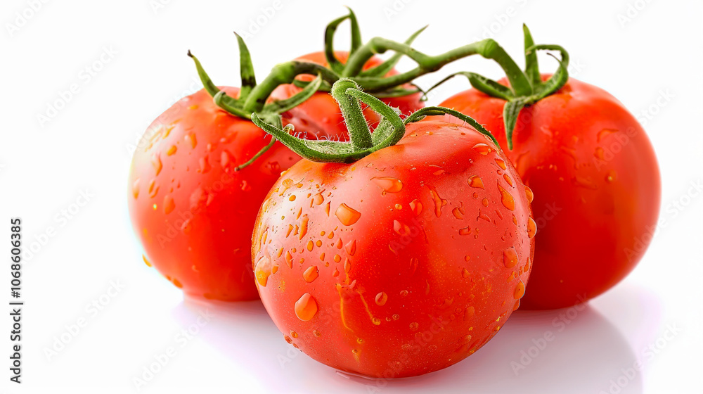 Fresh Red Tomatoes with Water Droplets on White Background Fresh Red Tomatoes with Water Droplets on White Background